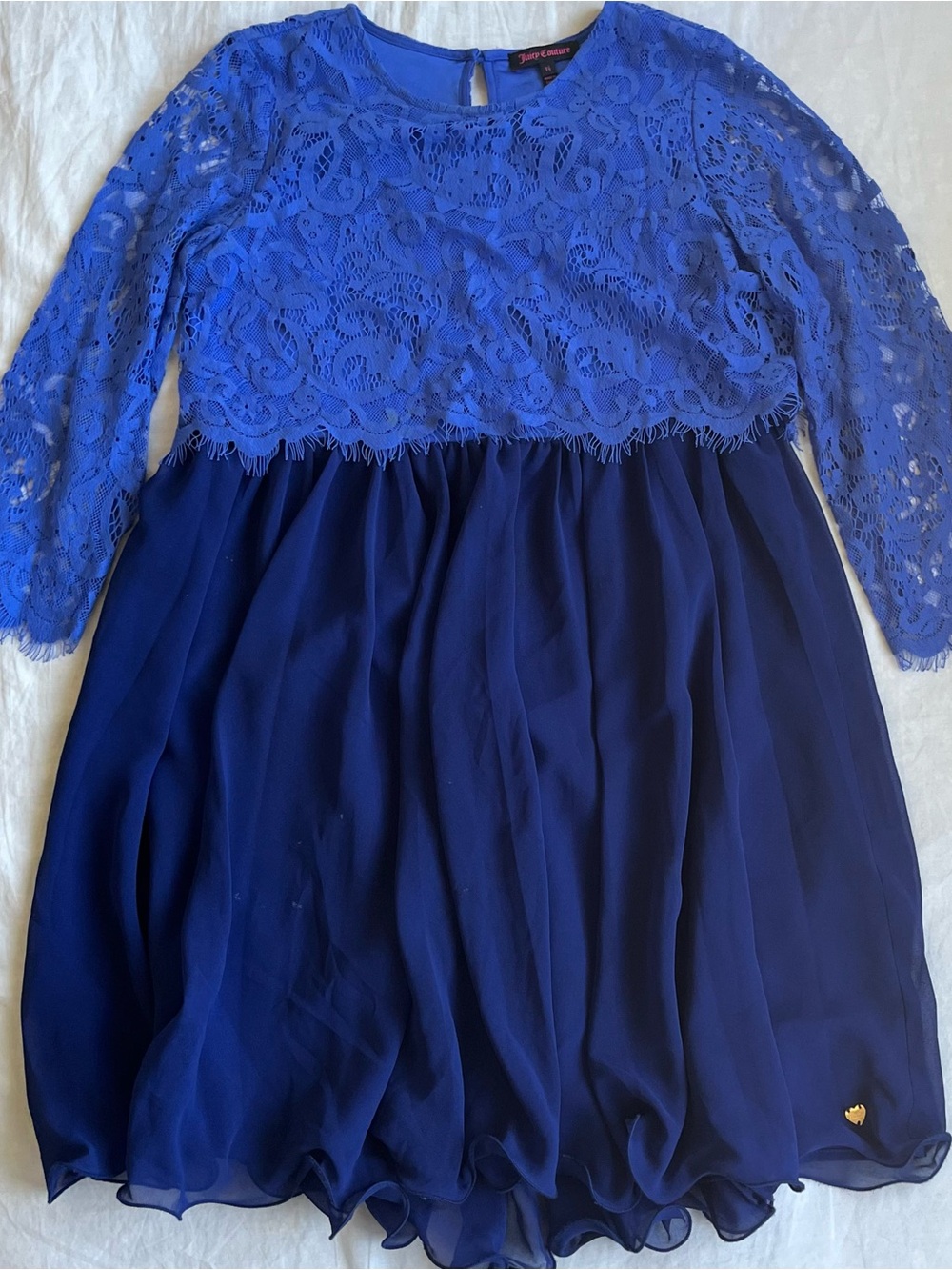 blue lace dress with floral pattern